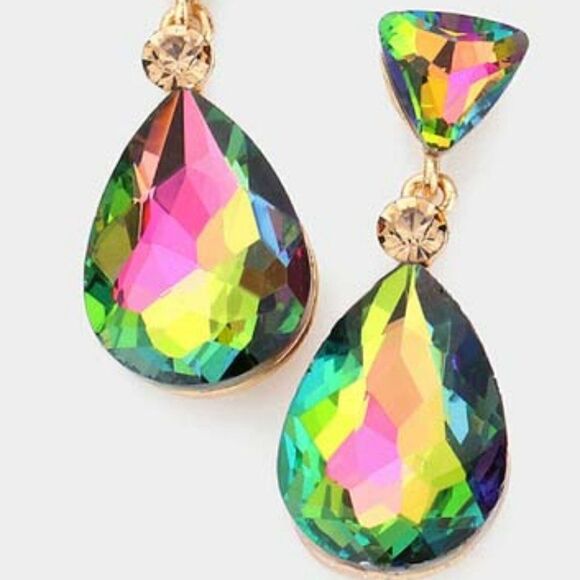 Triangle Round Teardrop Stone Oil Spill Evening Earrings - Picture 2 of 6